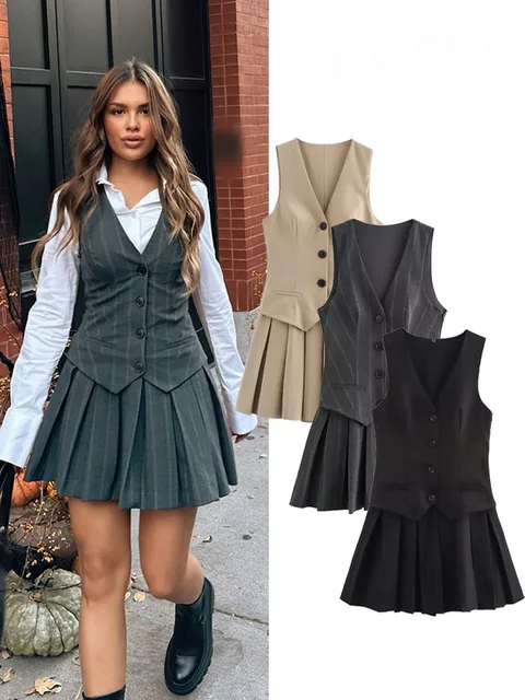 HH Summer Fashion Women Dresses Grey Stripe V-Neck Sleeveless Pockets Single Breasted Female Sexy Chic Pleated Dress 3 Color 1