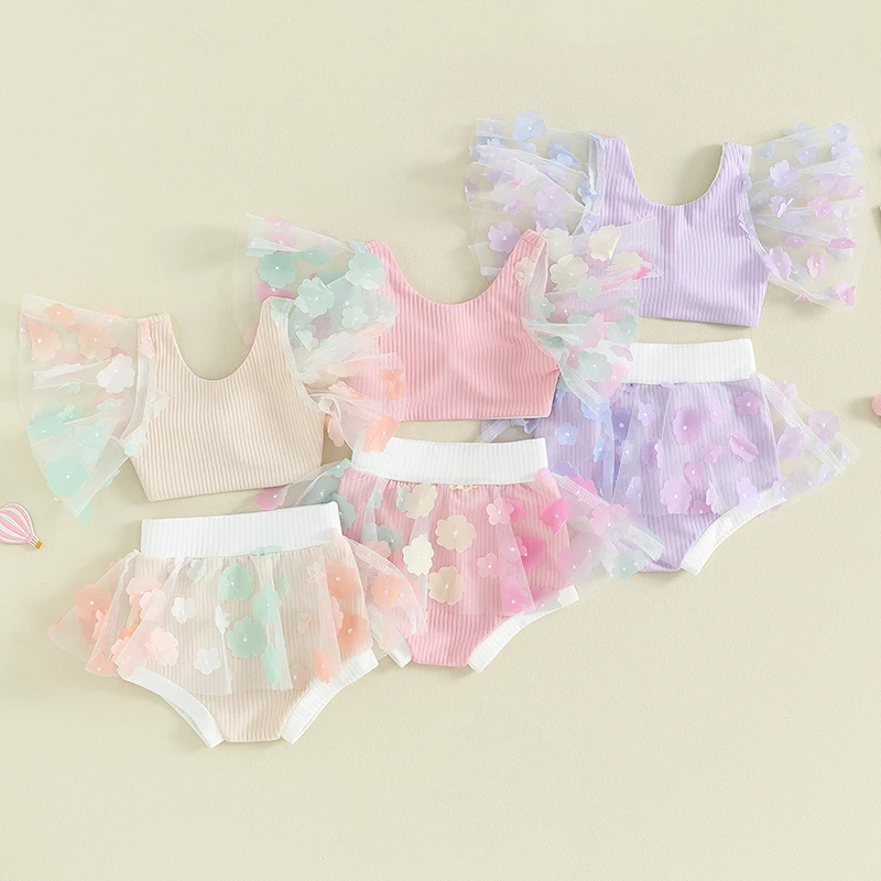 Toddler Baby Girl's Summer 2PCS Swimsuits Cute Mesh Flower Fly Sleeve Knotted Vest and Bikini Shorts Infants Girls Beachwear
