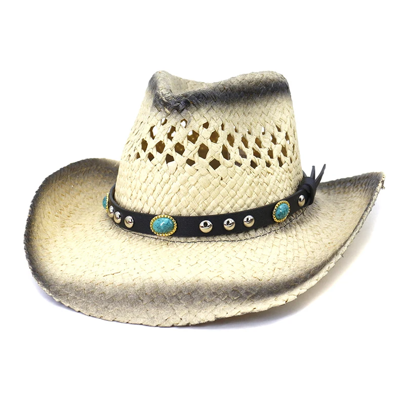 

Summer Cowgirl Hat Straw Hat for Women Bead Belt Western Cowboy Hat For Men Lady Trendy Woven Sun Hat Beach Cap