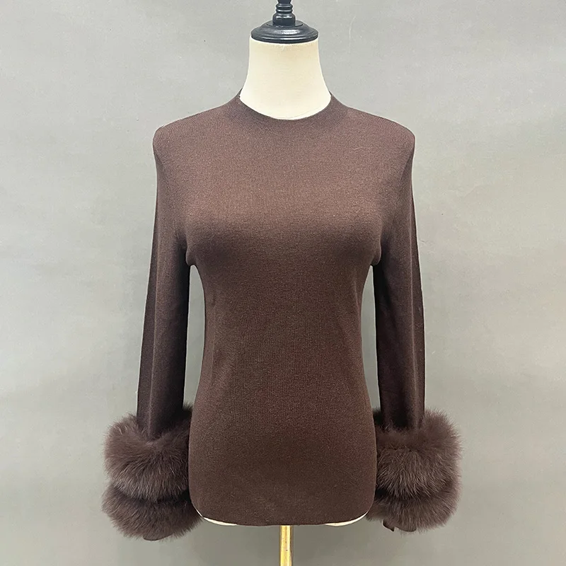 Lady Winter Sweater High Elastic With Fox Fur Cuff Women Clothing