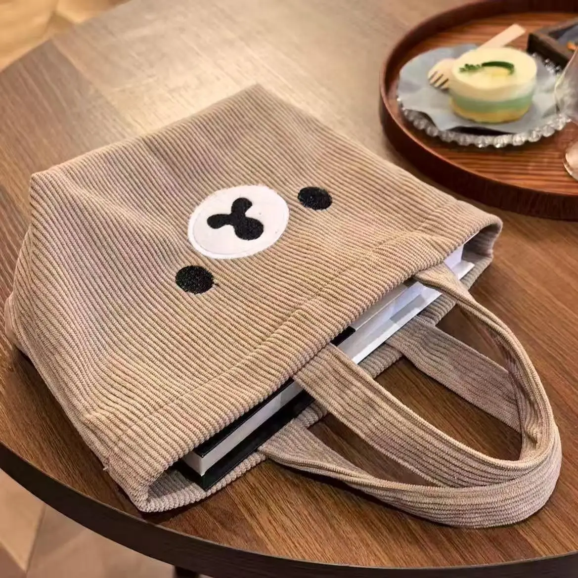 Borsa tote in velluto a coste Rilakkuma, borsa portatile estetica di grande capacità, borsa casual da pendolare per donna