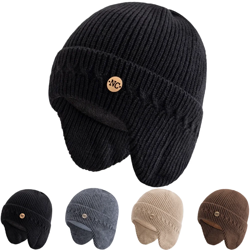 Unisex NC Metall dekorative Wintermützen mit Ohrenklappe Plüschfell gefüttert Männer Frauen Mode warme Beanie Cap lässige Winter Strickmützen – Detail 2