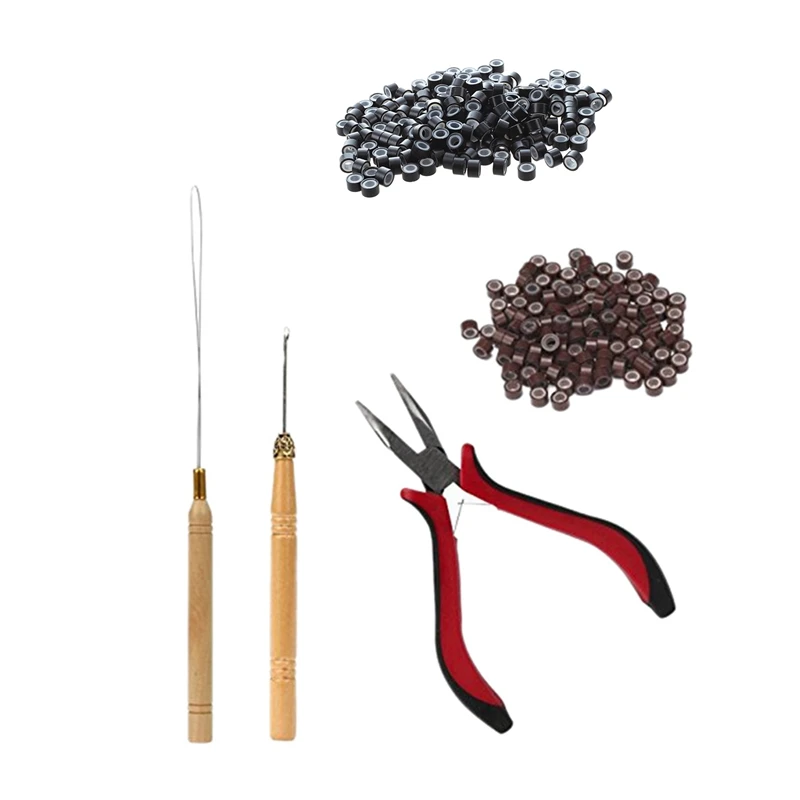 

1 Set Of Hair Extension Tool Kit Clamp Hook Pull Pin & 200 Pcs Black 5Mm Silicone Lined Micro-Ring Links Beads Linkies