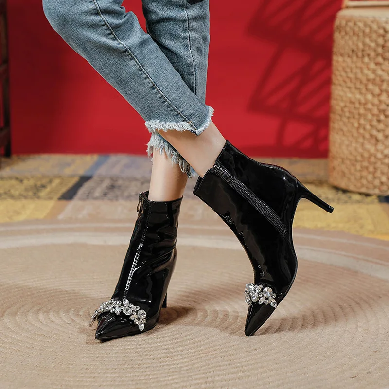 

Autumn Winter New Patent Leather Pointed Toe Crystal Decoration Zipper Ankle Short Boot Women Thin High Heels Sexy Booties Shoes