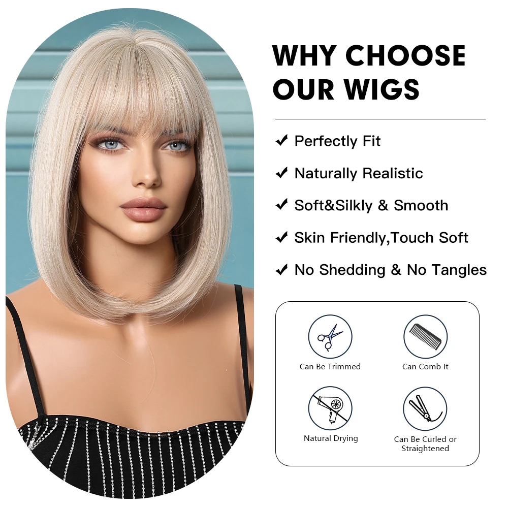 ALAN EATON Shoulder Length Blonde Synthetic Wigs Short Straight Wigs with Bangs Natural Looking Bob Hair Daily High Temperature