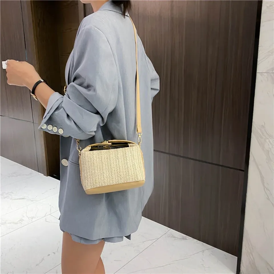 Fashion Handmade Woven Straw Handbag Womens Summer Shopping Holiday Beach Zipper&Hasp Crossbody Square Bags Bucket Shoulder Bags