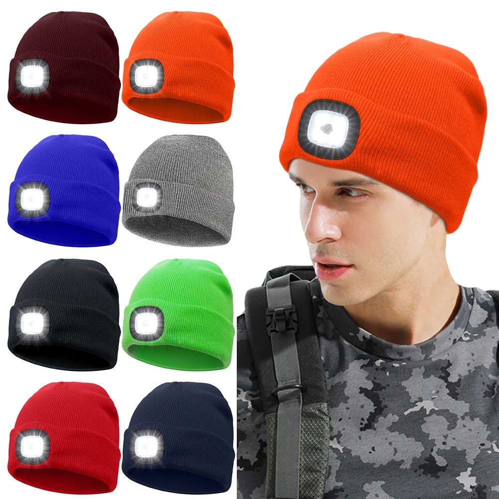 LED Lighted Beanie Cap Unisex Knitted Beanie With Head Lamp USB Rechargeable Flashlight 4 LED Beanies Knit Hat Fishing Caps