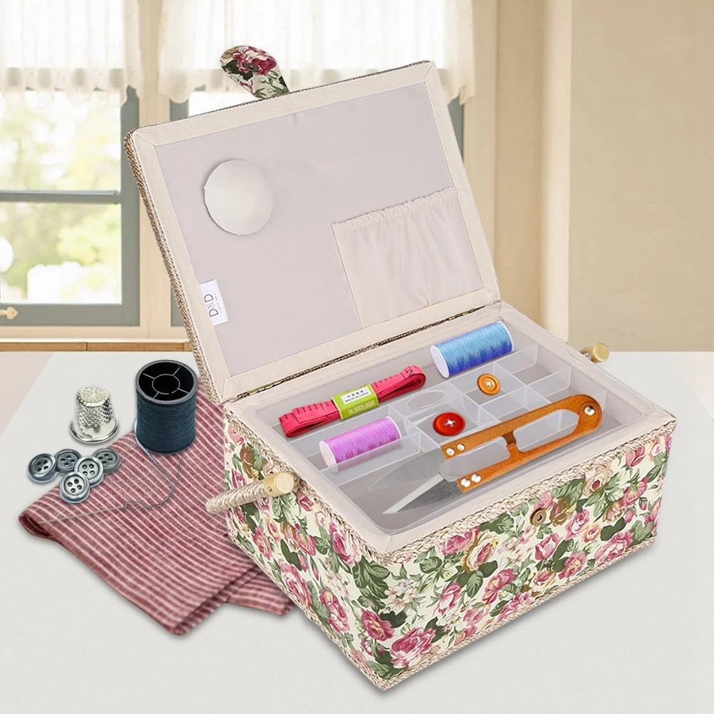 Craft Box Storage Box Fabric Floral Printed Sewing Basket Craft Household Sundry Storage Organizer with Handle Sewing