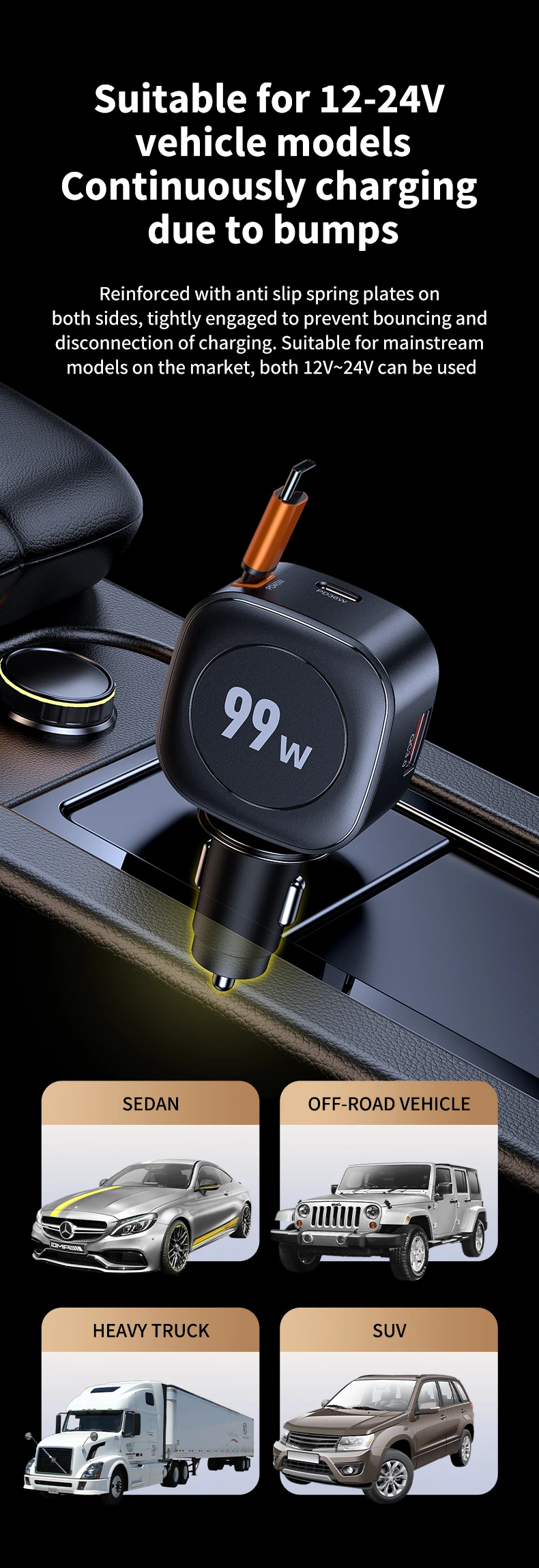 99W Retractable Car Phone Charger USB C PD 45W Fast Charging for iPhone 16 Pro M
