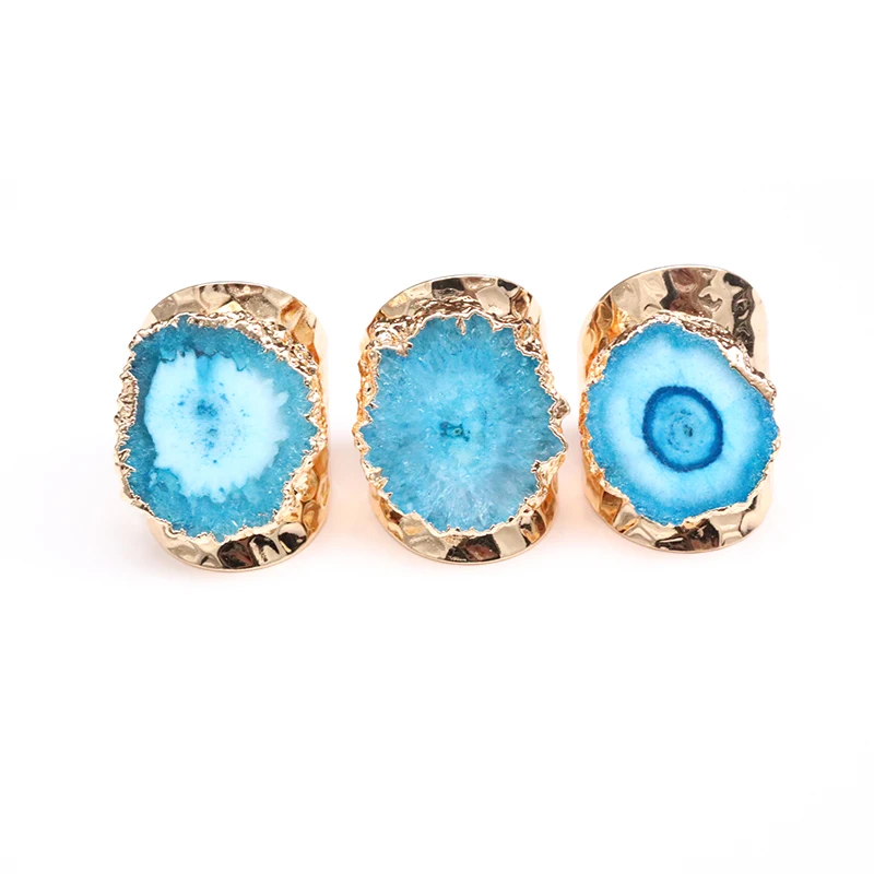 

Irregular Sunflower Natural Stone Agate Slices Wide Open Ring for Women Gold Plated Boho Resizable Finger Jewelry