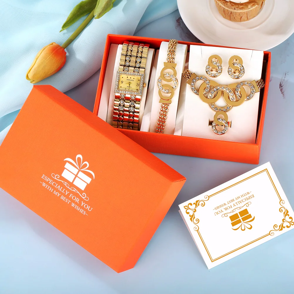 Luxury Gold Women Watch Diamonds Rectangular Quartz Wristwatch Earrings Necklace Bracelet Gift Set for Women Reloj De Mujer