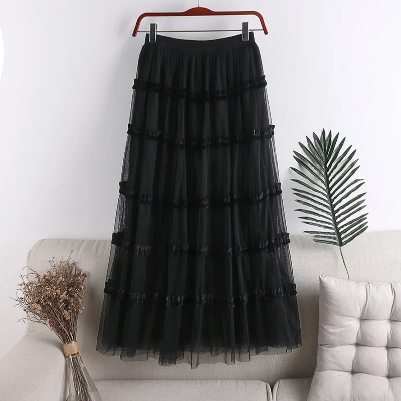 leather skirt 2020 New Arrivalkorean High Waist Skirts Sweet Chic A-Line Mesh Patchwork Velvet Faldas Mujer Preppy Style Midi Skirt black pleated skirt