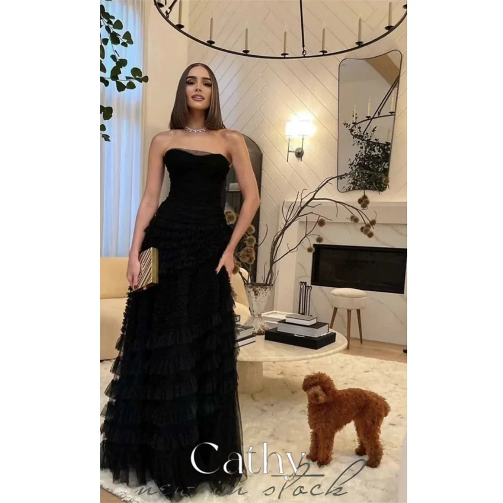 

Cathy Black Off Shoulder A-line Prom Dress Multilayer Tulle فساتين السهرة Elegant Sheath Strapless Evening Dress