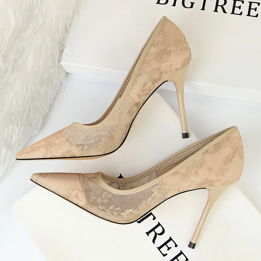 2023 new sexy thin high heels women's shoes fine heel high heel shallow mouth pointed head mesh hollow lace single shoes