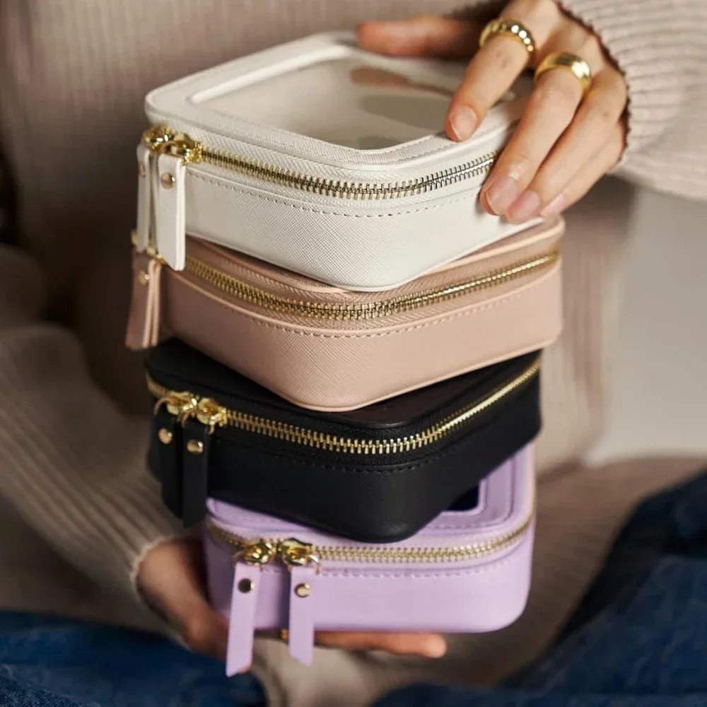 Compact Clear Makeup Bag with PU Saffiano Vegan Leather and Visible Window for Lipsticks and Cosmetics