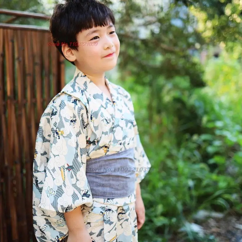 2024 kid's japanese kimono yukata national flower print bathrobe home wear kimono with belt boy's vintage photography clothing