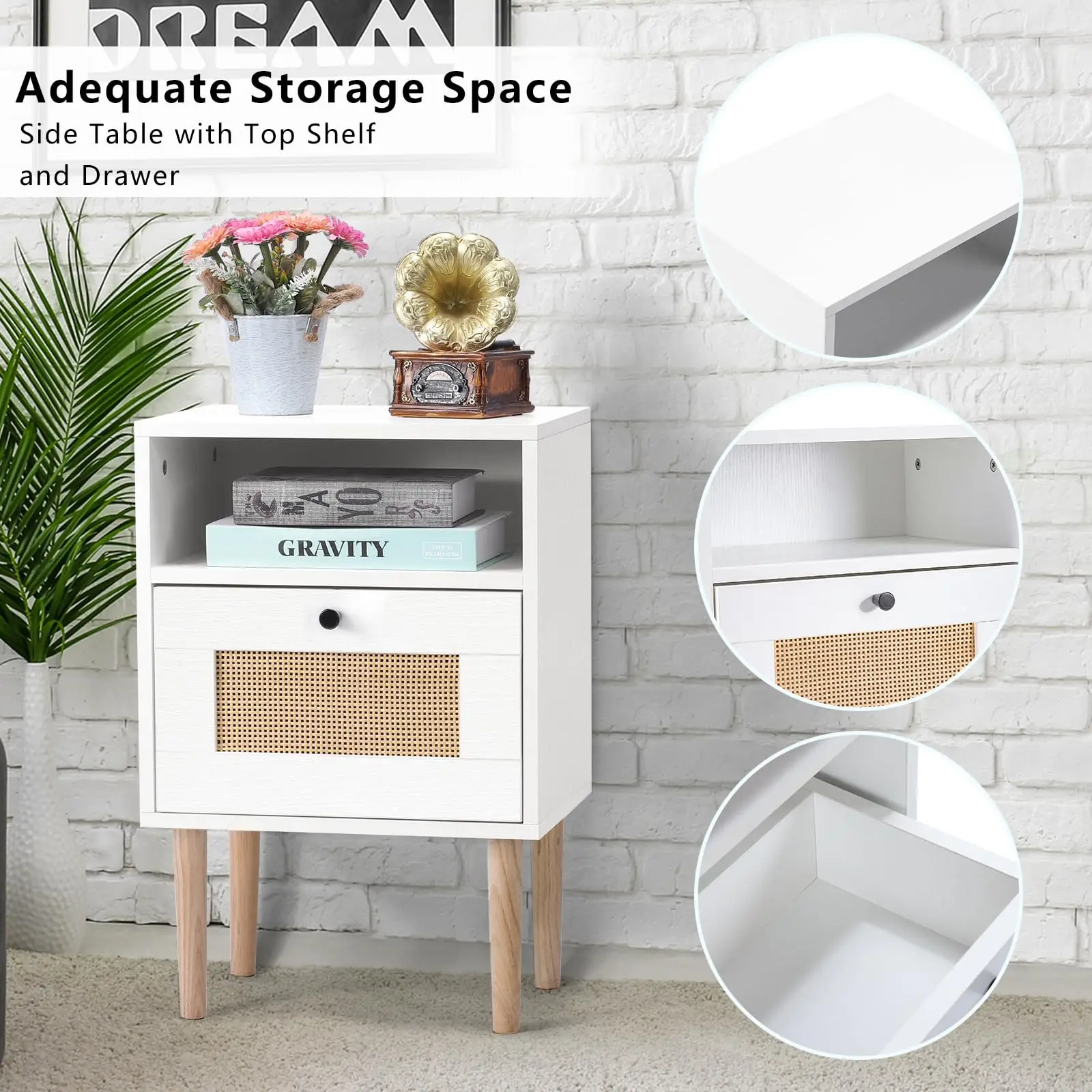 Modern Bedside Table with Rattan Drawer, Bed Side Table with Storage Shelf & Solid Wood Feet, End