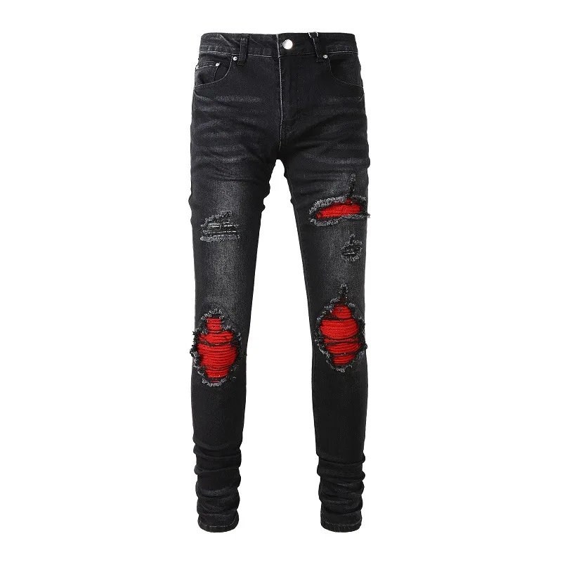 Mens Black Slim Fit Ripped Jeans Streetwear Hip Hop Red Patch Frayed Elastic Hole Jeans Trousers Male 2