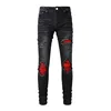 Mens Black Slim Fit Ripped Jeans Streetwear Hip Hop Red Patch Frayed Elastic Hole Jeans Trousers Male 2
