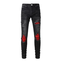 Mens Black Slim Fit Ripped Jeans Streetwear Hip Hop Red Patch Frayed Elastic Hole Jeans Trousers Male 2