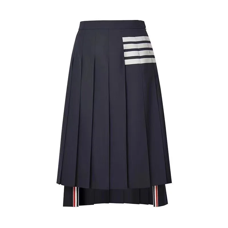 Summer TB Women Skirts Korean Fashion White Four Bars Mid Length Pleated Jupe Female College Style Classic Striped Long Skirt nineteen eighty four