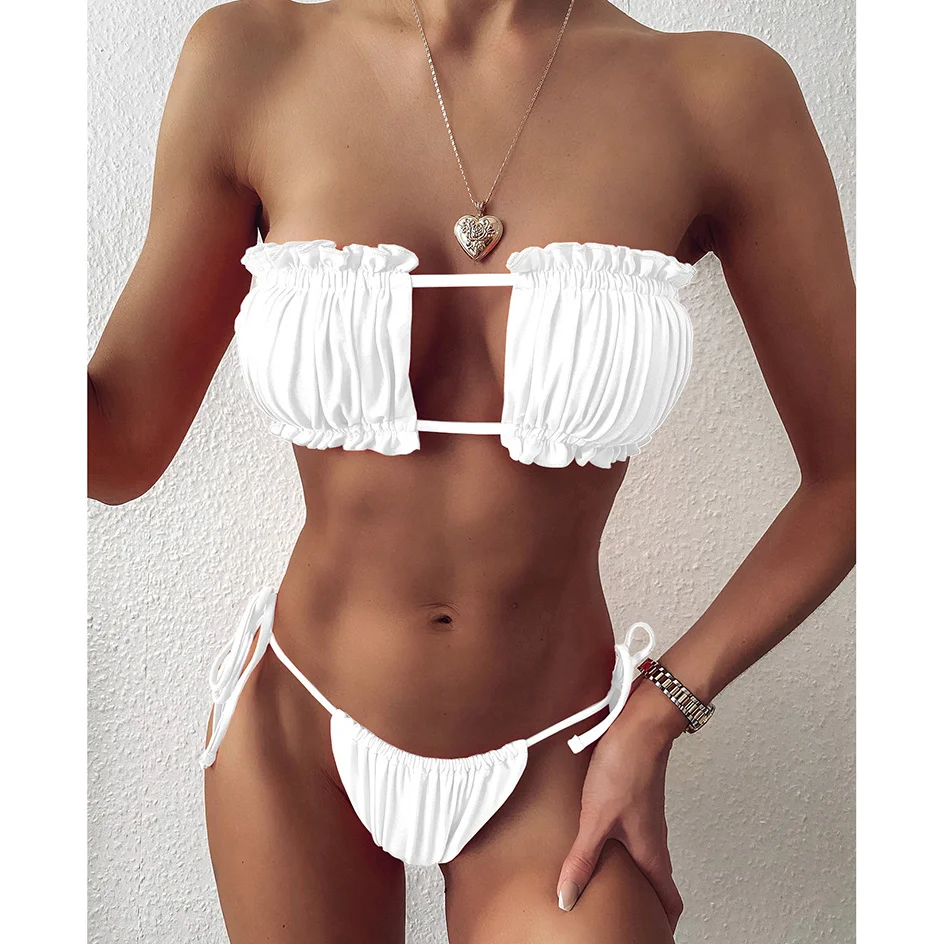 Sexy Bikini 2021 Pleated Swimsuit Female Swimwear Women Mini Thong Bikini Set Bather Swimming Beachwear for Bathing Suit womens swimwear