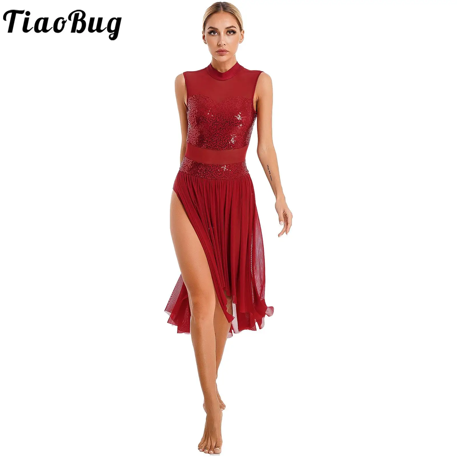 

Women Latin Modern Dance Performance Costume Sequins Sleeveless Backless Sheer Mesh Dress Leotards Dancewear for Prom Party