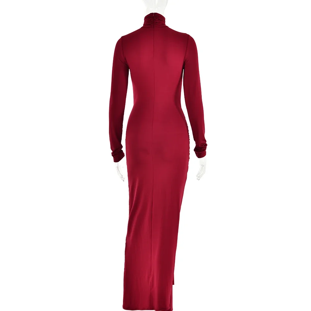 Fashion Bandage Spring Maxi Dress Women Slim Pleated Lace-Up Party Dress Solid Long Dress 2025