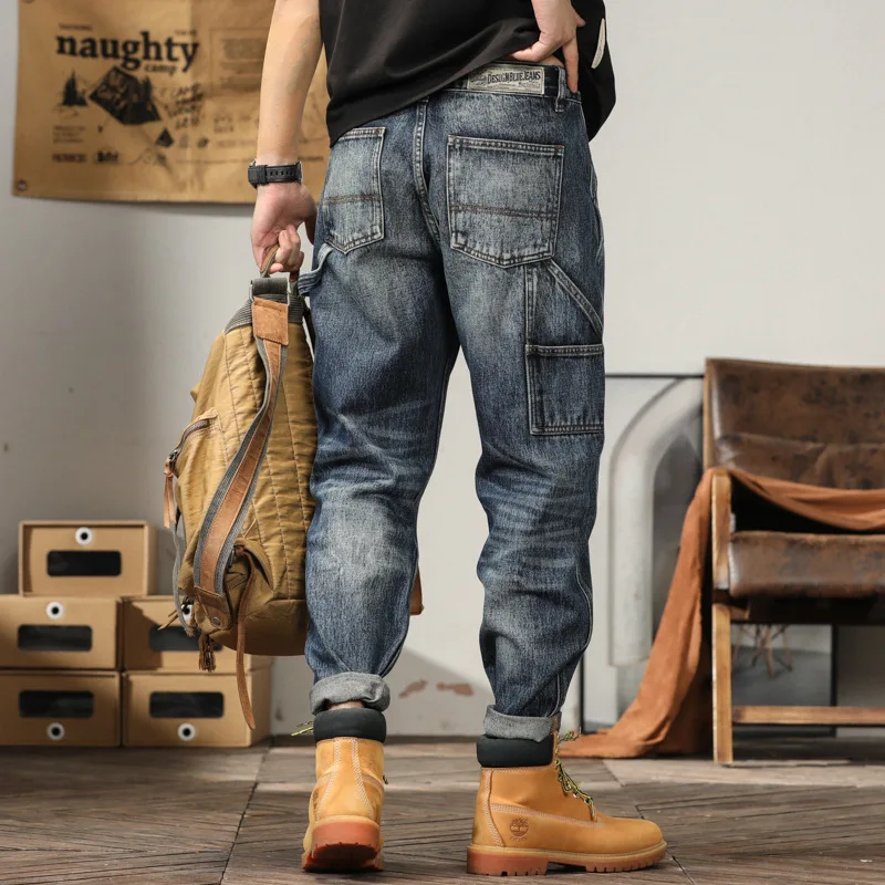 Pantalon Cargo en Denim pour homme, Style Safari, multi-poches, délavé, rétro, papa, haute qualité, décontracté, en coton, automne et hiver_voghion.com