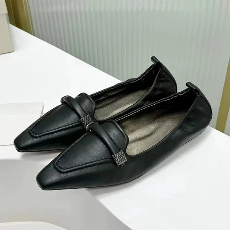 Suede Leather Loafers Women Square Toe Slip-On Chain String Bead Flat Shoes Female Summer Casual Comfort Walking Shoes Woman