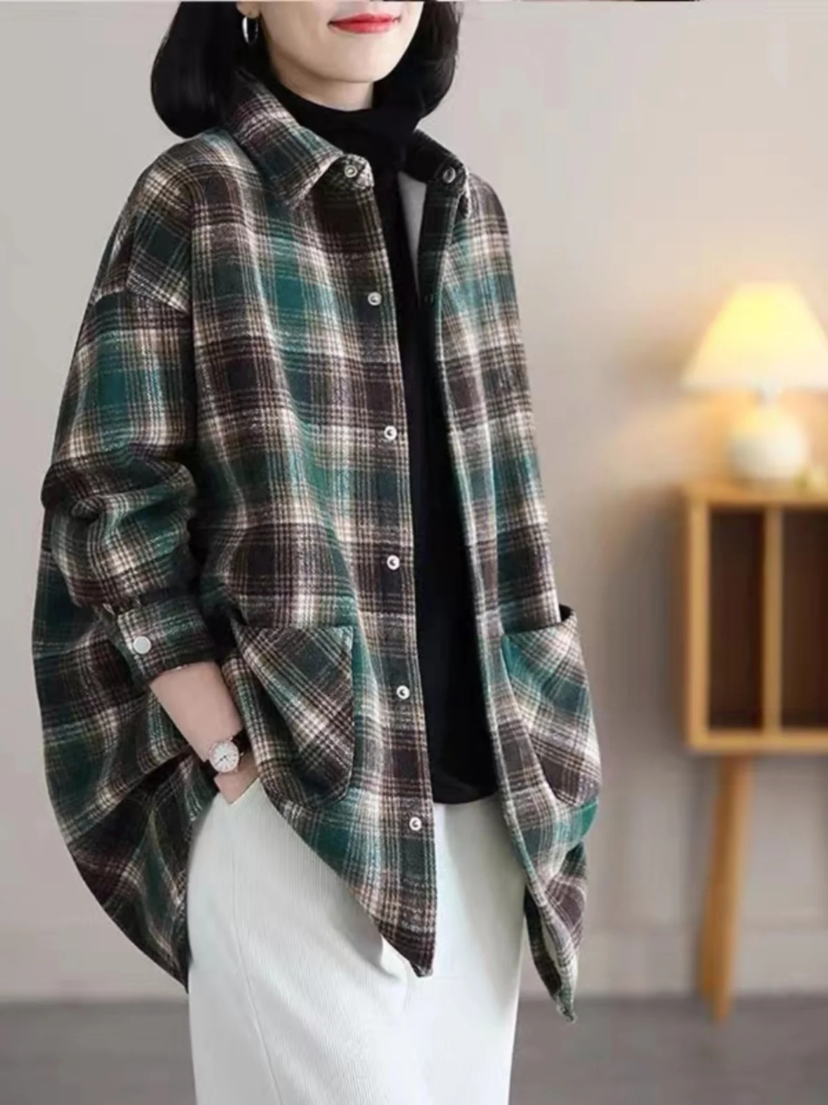 plus Size Women's Casual Plaid irt Long Sve  Collar Loose Fit Regular Length Spring Autumn Outerwear Mom's Clothing