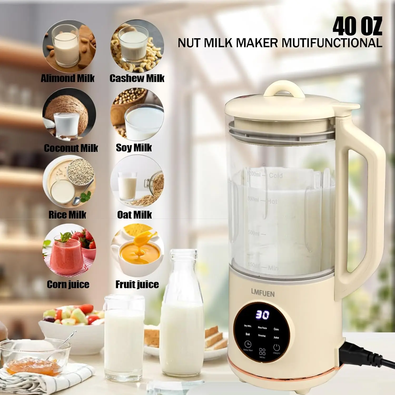 Automatic Nut Milk Maker, 40oz Cold & 27oz Hot Blender, Soy Milk, Juice, Baby Food, Ice Crushing, Delay Start, Keep Warm