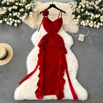Red Dress Women's French Retro Velvet Party Toasting Outfit Sexy Heavy Industry Three-Dimensional Floral Fork Dress