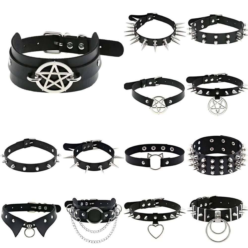 Necklace Vintage Charm Gothic Spike Rivet Collar Pendant Leather Pentagram Harajuku Women Punk Choker Necklace