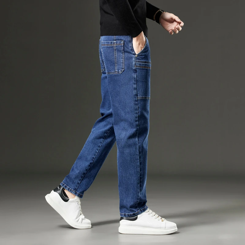 6 Pocket Design Denim Jeans Men's 2024 New High Elasticity Denim Casual Trousers Straight Male Pants Fashion Mid-waist Jeans 4