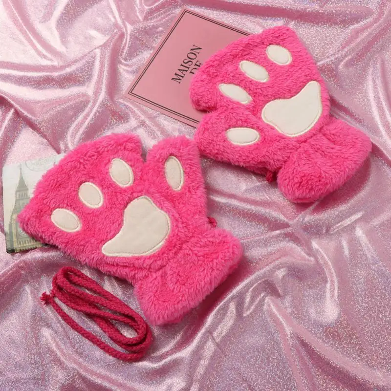 1 Pair Winter Warm Fingerless Gloves Soft Cotton Fluffy Plush Cat Paw Lovely Half Finger Mitten Kids Outdoor Accessories Gift