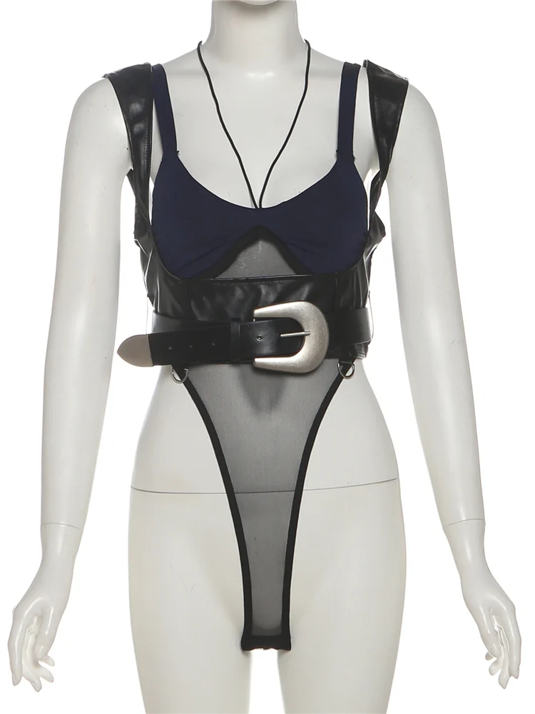 Nibber Music Festival Fake 2-Pieces Patchwork Bodysuit Women Sexy Chest Wrapped Mesh PU Wide Waistband Midnight Clubwear Tops
