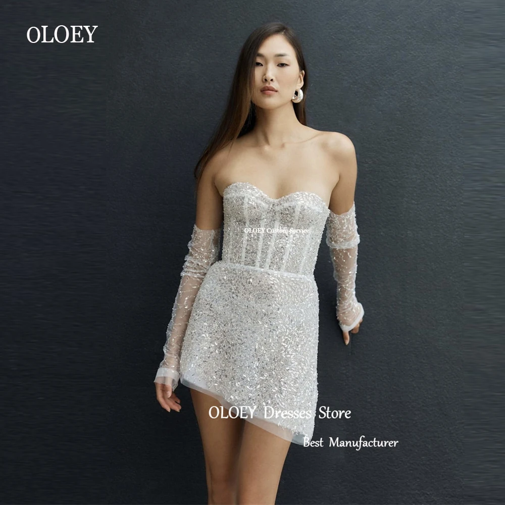 

OLOEY Glitter Short Wedding Dresses Sweetheart Sleeves Asymmetric Hem Mini Sexy Sparkly Bridal Gowns Robe de mariage 2023