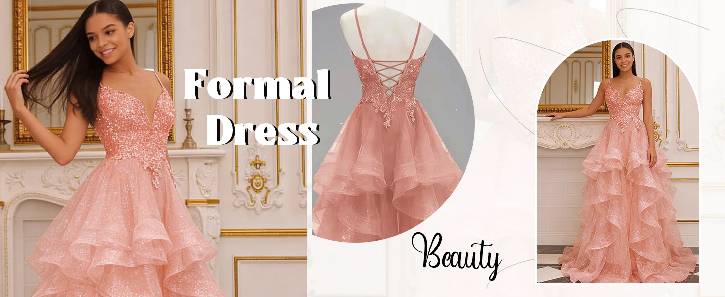 Sparkly Tiered Tulle Prom Dresses Lace Applique Formal Evening Dress