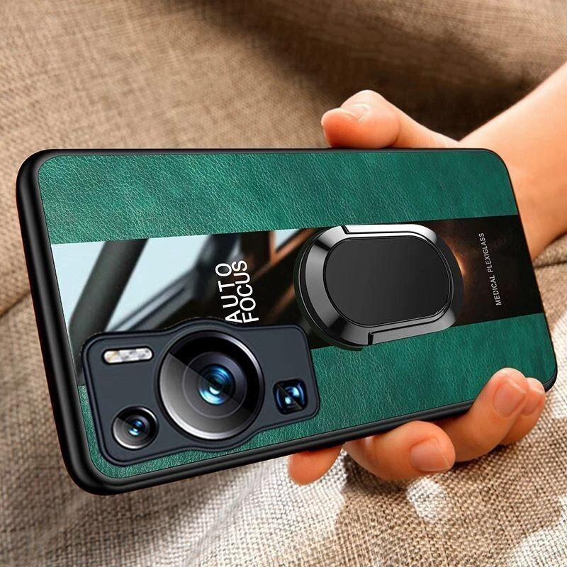 Luxurious Magnetic PU Leather Case with Ring Holder - Shockproof Bumper