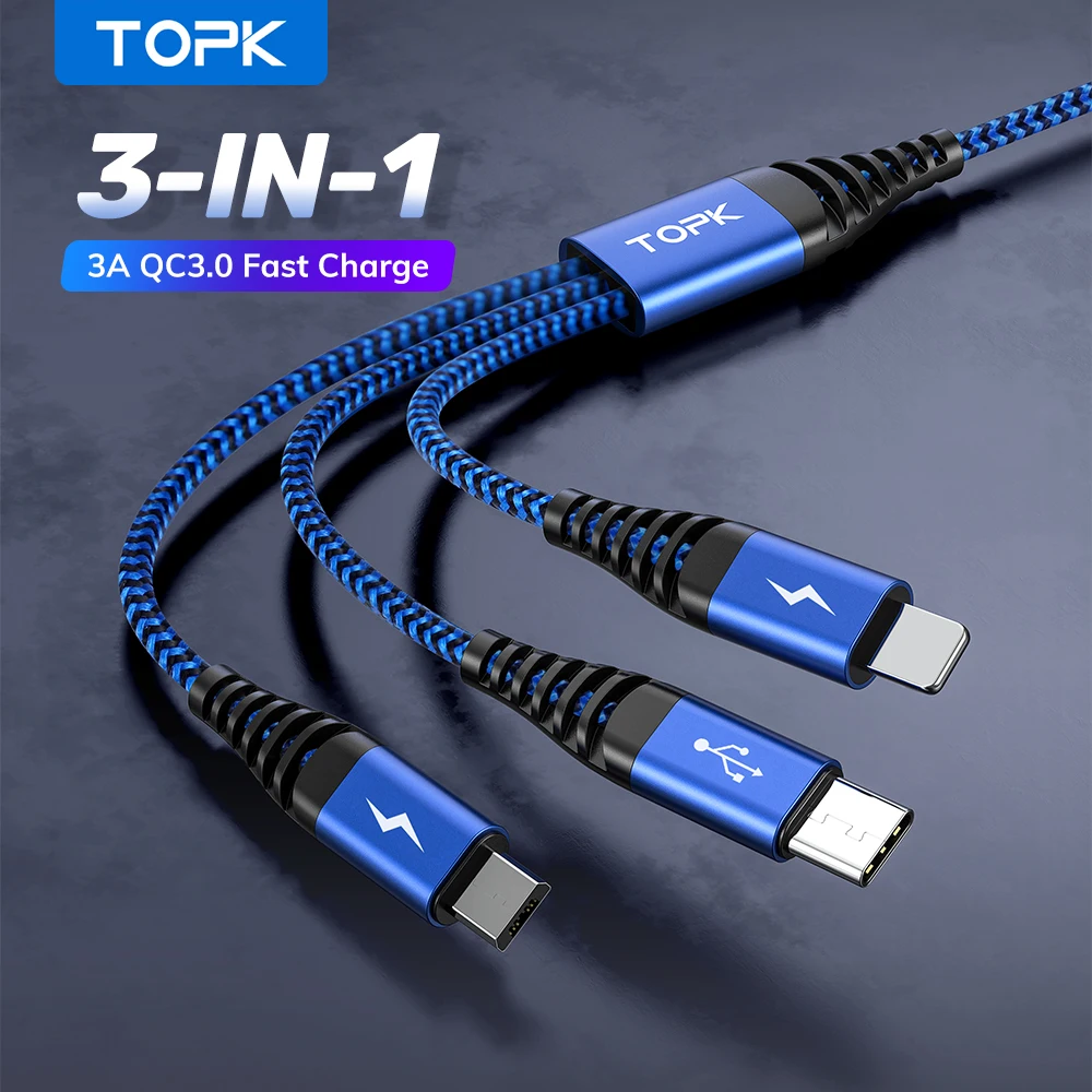 TOPK AN24 3A Fast Charging 3 In 1 USB Cable For iPhone Huawei Samsung Xiaomi Micro Charger Cable Port Multiple Usb Charging Cord