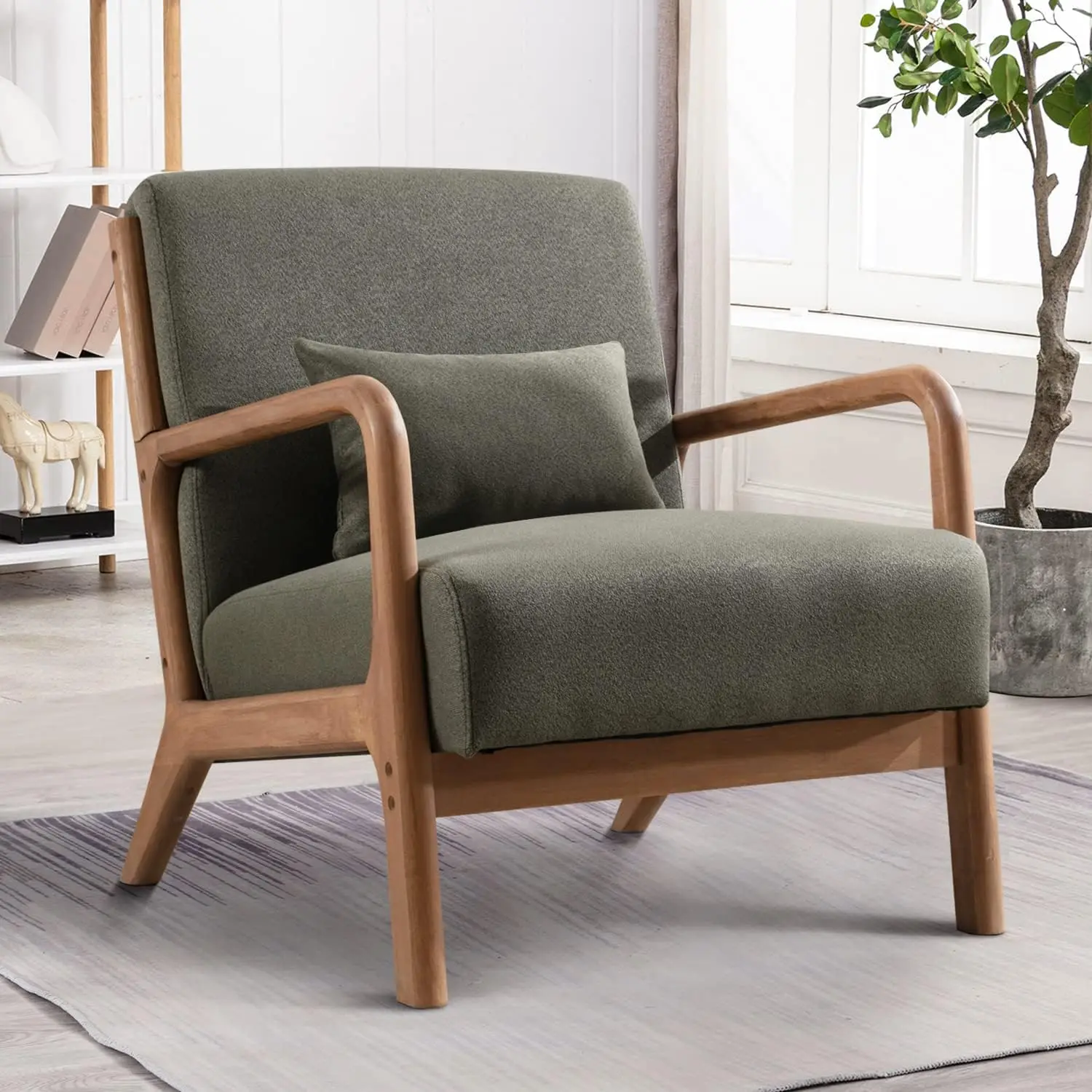 

Mid Century Modern Accent Chair with Wood Frame, Upholstered Living Room Chairs with Waist Cushion, Reading Armchair for Bedroom