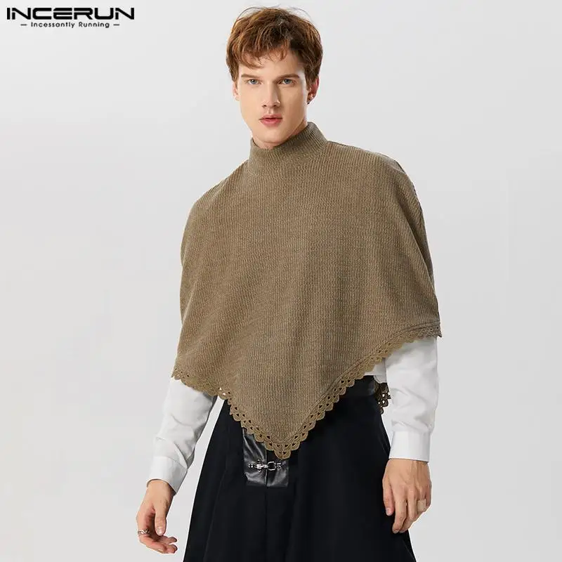 

Casual Hot Sale Tops INCERUN Handsome Men's Loose Fitting Solid Knitted Lace Trench Stylish Male High Neck Shawl Cape S-5XL 2024