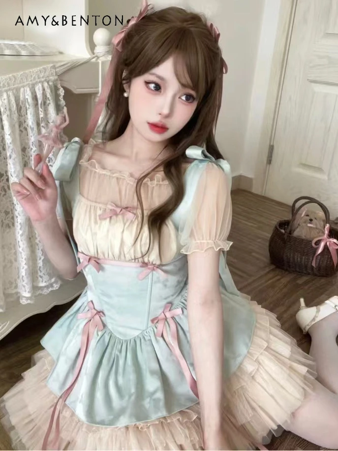 

Lolita Dress Sweet Cute Square Collar Puff Sleeve Shirt Mesh Stitching Mini Dress Two-Piece Set Women Spring New Kawaii Outfits