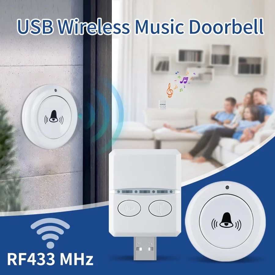 RF433 Mhz USB Wireless Doorbell with Remote Controll DC 5V Receiver 30 Music USB Smart Door Bell For Home Bed Call Emergent Call