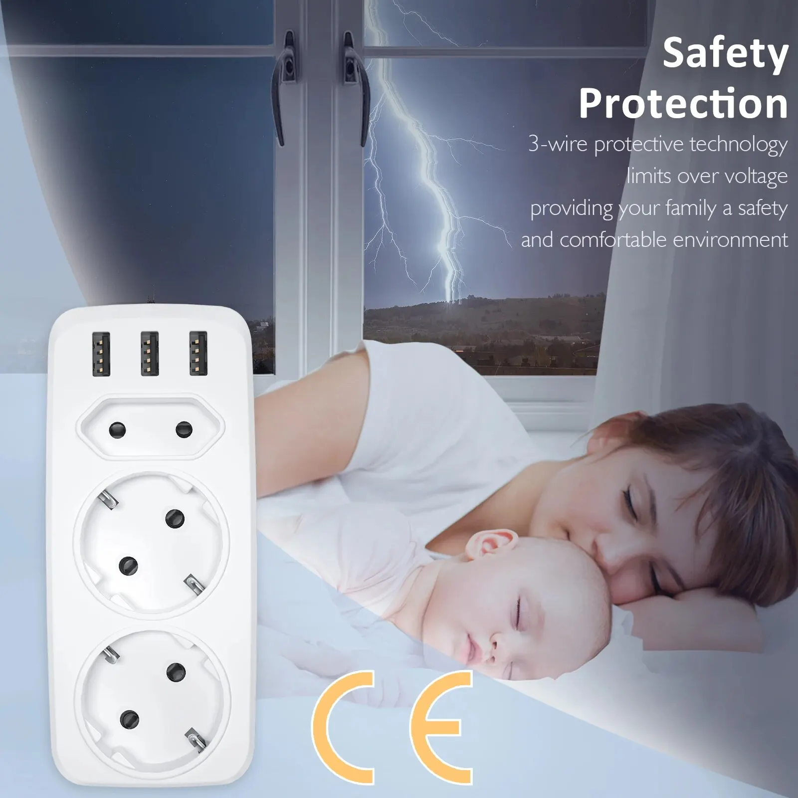 LENCENT EU Plug 6-in-1 Wall Socket Extender with 3 AC Outlet 3 USB 4000W 5V2.4A Wall Charger for Home/Office power strip plug adapter electrical socket power socket power plug adapter wall socket extender
