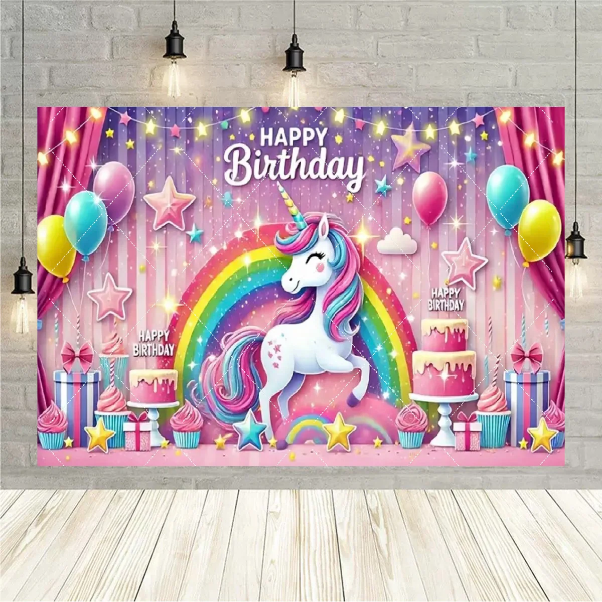 Niedlicher Einhorn-Themenhintergrund, Regenbogen-Elf, Prinzessin, Geburtstagsparty, Kuchen, Tischdekoration, Baby-Party-Geschenke, Fotos, Requisiten, Hintergrund – Detail 10