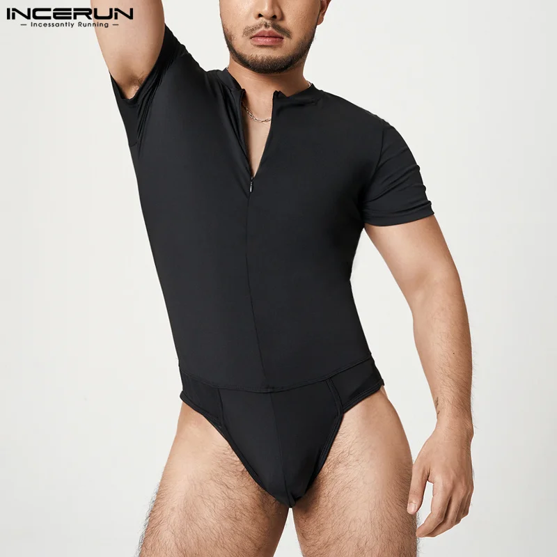 INCERUN Men Bodysuits Solid Color V Neck Short Sleeve Sexy Zipper Underwear Rompers Fitness Cozy Casual Bodysuit S-5XL