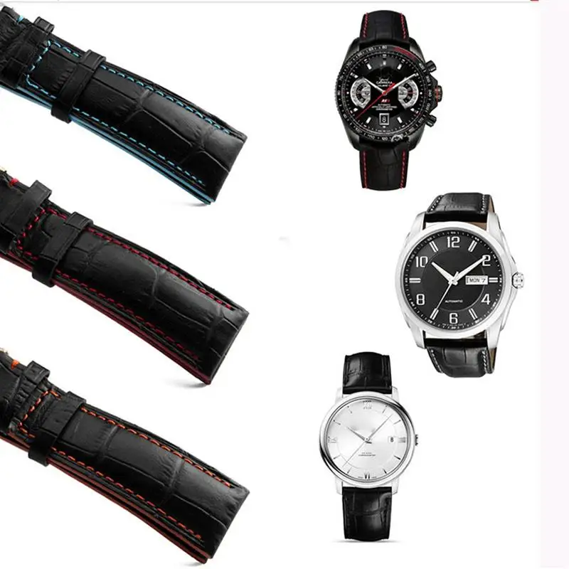SCHIK 18mm 20mm 22mm stitches with Genuine Leather Watch Band Strap Silver Steel Butterfly Watch buckle
