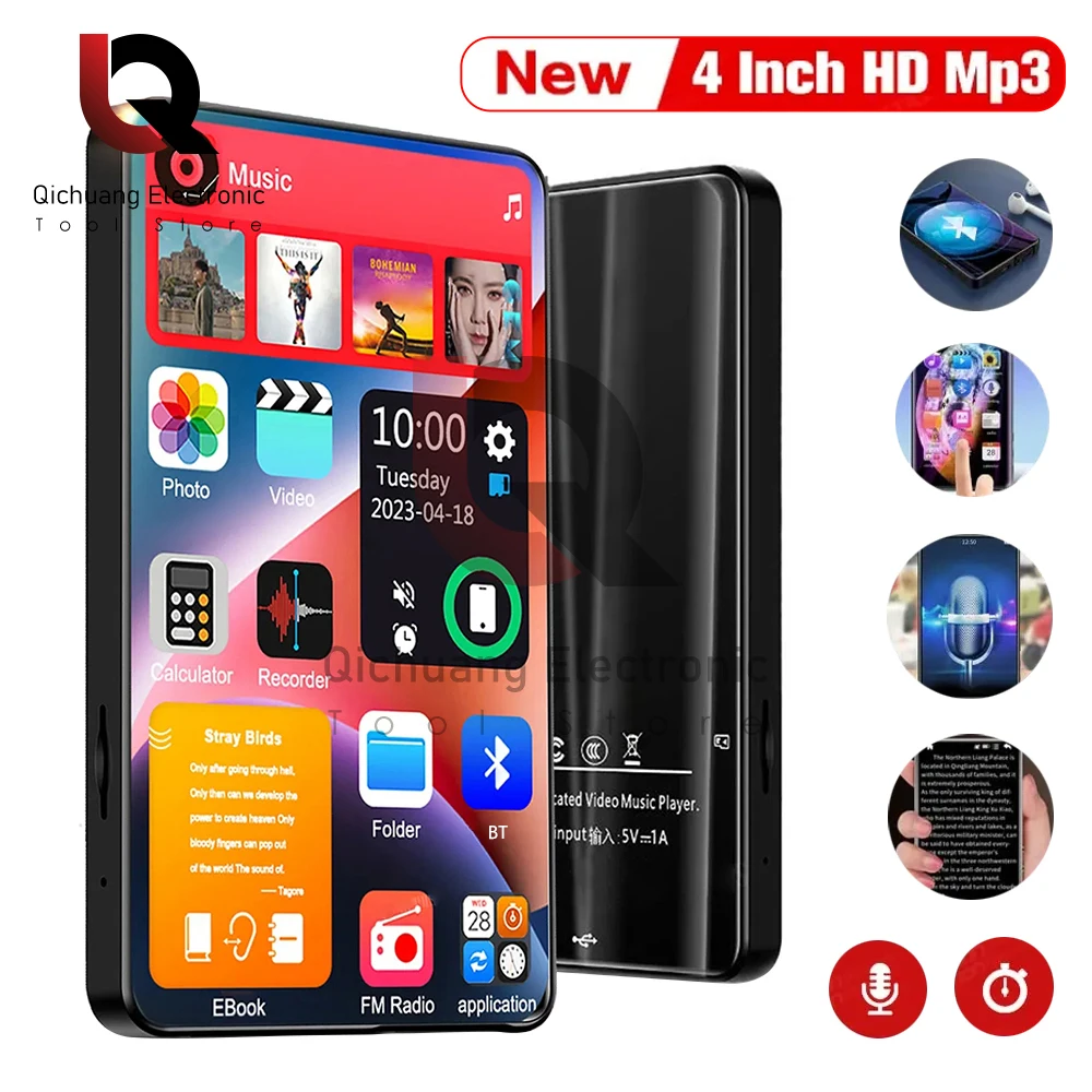 MP4 Music Player 4 Inch 16GB BT 5.2 Touch Screen with Speaker